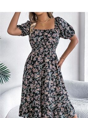 Lumiere Black Floral Square-Neck or off shoulder Midi Dress
